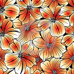 Bright orange graphic hibiscus seamless pattern