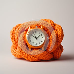 Bright Orange Hand Knitted Watch: A Modern Still Life Photo