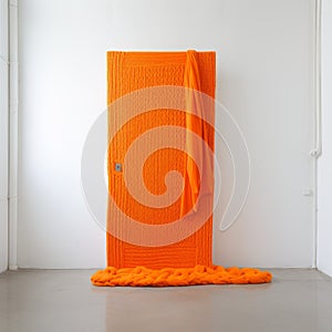 Bright Orange Knitted Door In Empty White Space