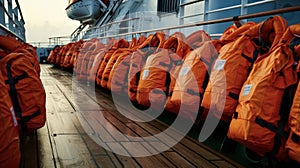 Bright orange life jackets are lined up neatly on the ships deck a visible reminder of the crews safety precautions photo