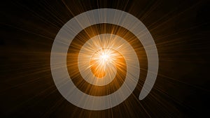 Bright orange light and flickering rays appearing and dissappearing while moving by curved trajectory and spinning on