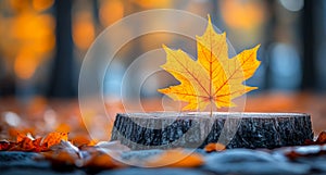Bright orange maple leaf on tree stump