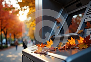 Autumn leaves on a windowsill with a blurred park scene in the background during