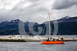 bright orange sailboat visiting the beagle channel, with rocky islands inhabited by cormorants. Ushuaia, Argentina