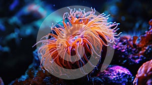 A bright orange sea anemone pulses with an intense neon glow attracting ping fish with its mesmerizing colors