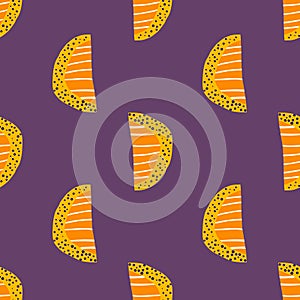 Bright orange slices seamless pattern. Abstract doodle fruit silhouettes on purple background