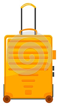 Bright orange suitcase ready for travel, sturdy luggage with wheels for vacation. Modern travel bag, orange suitcase