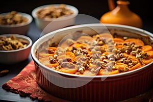 bright orange sweet potato casserole with nuts