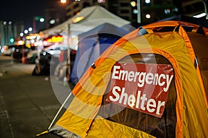Bright orange tent with emergency shelter sign in urban street at night