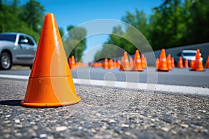 bright orange traffic cones arranged on an asphalt road