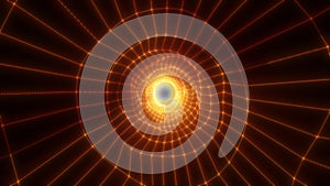 Bright orange tunnel of geometric light lines forming a glowing circular pattern, isolated on white background