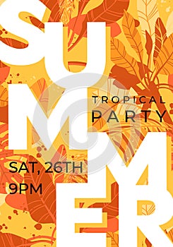 Bright orange vector summer design with exotic palm leaves and space for text. Party flyer or banner template. Tropical