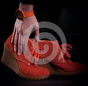 Bright orange women fashion boots and watch