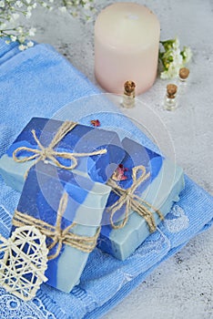 Bright organic aromatic handmade soap on a terry towel