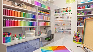 Bright and organized craft room with colorful supplies and spacious storage solutions