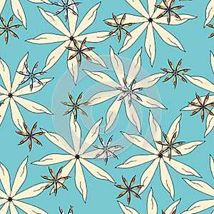 Bright oriental seamless pattern. Floral ornament, batic on a turquoise background for fabric, bedding and kitchen textiles