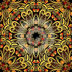 Bright ornament in style khokhloma. Seamless background of circular patterns.