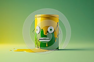 bright paint can character in yellow with brush's shadow on green background