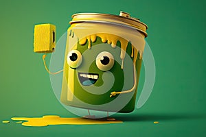 bright paint can character in yellow with brush's shadow on green background