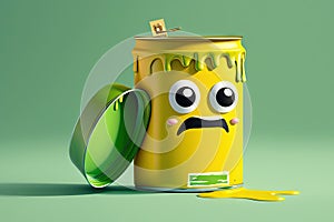 bright paint can character in yellow with brush's shadow on green background