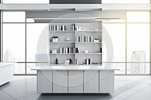 Bright panoramic concrete living room interior with city view, sunlight, counters and bookshelf.