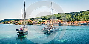 Bright panoramic view of Fiskardo port. Splendid spring seascape of Ionian Sea. Picturesque morning scene of Kefalonia island,