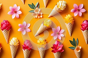 bright paper cut flowers in a waffle ice cream cone, spring blossom idea, decorative festive trend