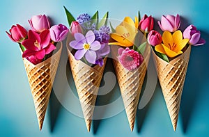 bright paper cut flowers in a waffle ice cream cone, spring blossom idea, decorative festive trend