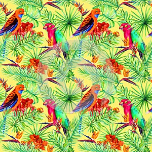 Bright parrot birds, tropical tree, jungle exotic flowers - bird of paradise flower, orchid. Seamless pattern