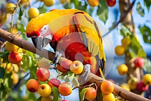 bright parrot feeding on fruits