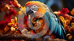 A bright parrot sitting on a branch framed by beautiful colors, in a cultural park with rich veget