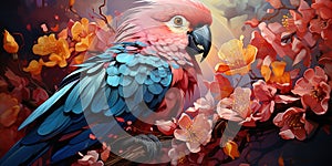 A bright parrot, surrounded by the flowers of the spring clearing, with a light breeze, fluttering