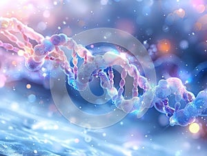 A bright particulate 3D rendered DNA on a blue bokeh background photo