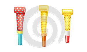 Bright party blowers set. Happy birthday party, holiday celebration symbols cartoon vector illustration