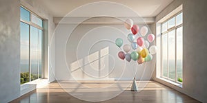 Bright pastel balloons in a sunlit empty room. Generative AI