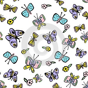 Bright pastel coloured butterflies on a white background seamless repeat pattern photo