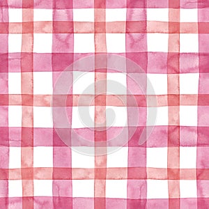 Bright pastel pink plaid checkered seamless pattern. Watercolor stripes and lines on white background. Kilt print