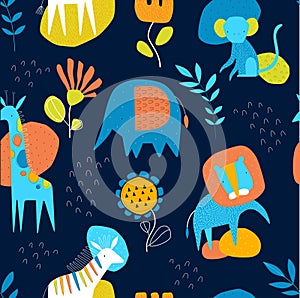 Bright pattern with African animals. Savannah animals.