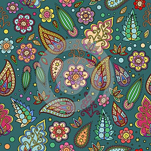 Bright pattern with decorative flowers and leaves. Seamless vector print