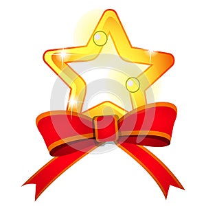 Bright pattern element golden star and red ribbon bow isolated on a white background. Sketch of Christmas festive poster