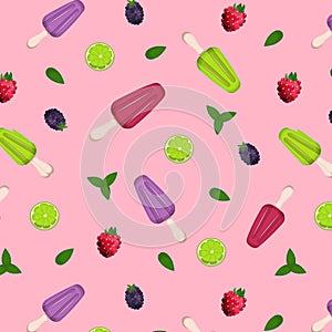 Bright pattern with fruit and Mexican Paletas ice cream on a pink background.