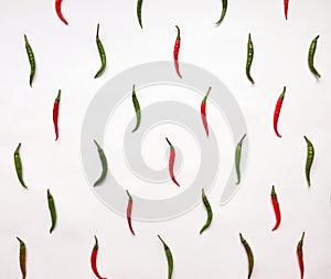 Bright pattern with peppers on white background. Flat lay, view from above