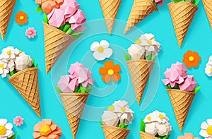 bright pattern of spring flowers in a waffle ice cream cone, over light blue background, spring blossom idea, decorative