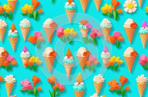 bright pattern of spring flowers in a waffle ice cream cone, over light blue background, spring blossom idea, decorative