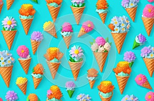 bright pattern of spring flowers in a waffle ice cream cone, over light blue background, spring blossom idea, decorative