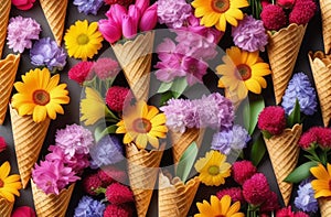 bright pattern of spring fowers in a waffle ice cream cone, over light blue background spring blossom idea, decorative