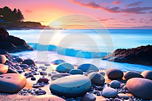 A bright pebble beach with blue tone bright sunset with rocks waves