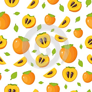 Bright persimmon seamless pattern with half, slice and whole fruit