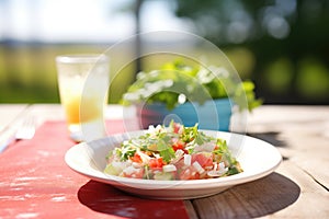 bright pico de gallo on a sunny picnic table setting