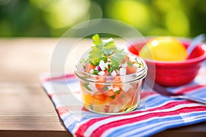 bright pico de gallo on a sunny picnic table setting